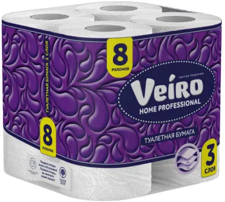 VEIRO: Бумага туалетная 3сл 15м Home Professional белый /пач.=8 шт.