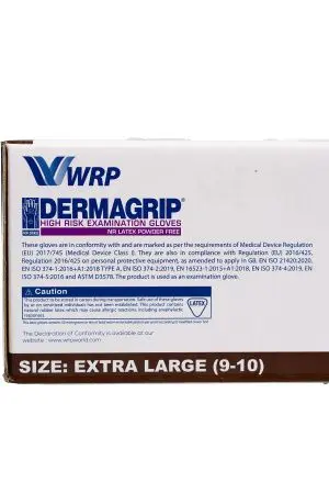 Перчатки: латексные Dermagrip High Risk XL неопудренные нестерильные синие /пач.=50 шт.