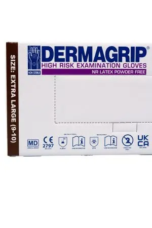 Перчатки: латексные Dermagrip High Risk XL неопудренные нестерильные синие /пач.=50 шт.